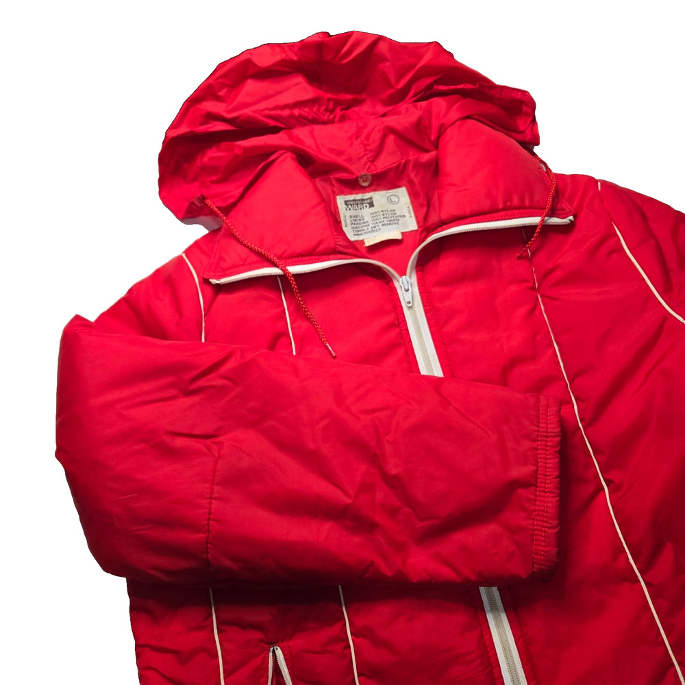 Vintage Montgomery Ward Red Ski Jacket Size L Unisex Puffer Nylon Korea RETRO